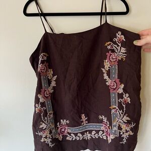 Free People Embroidered Camisole - Dark Brown with Pink Floral